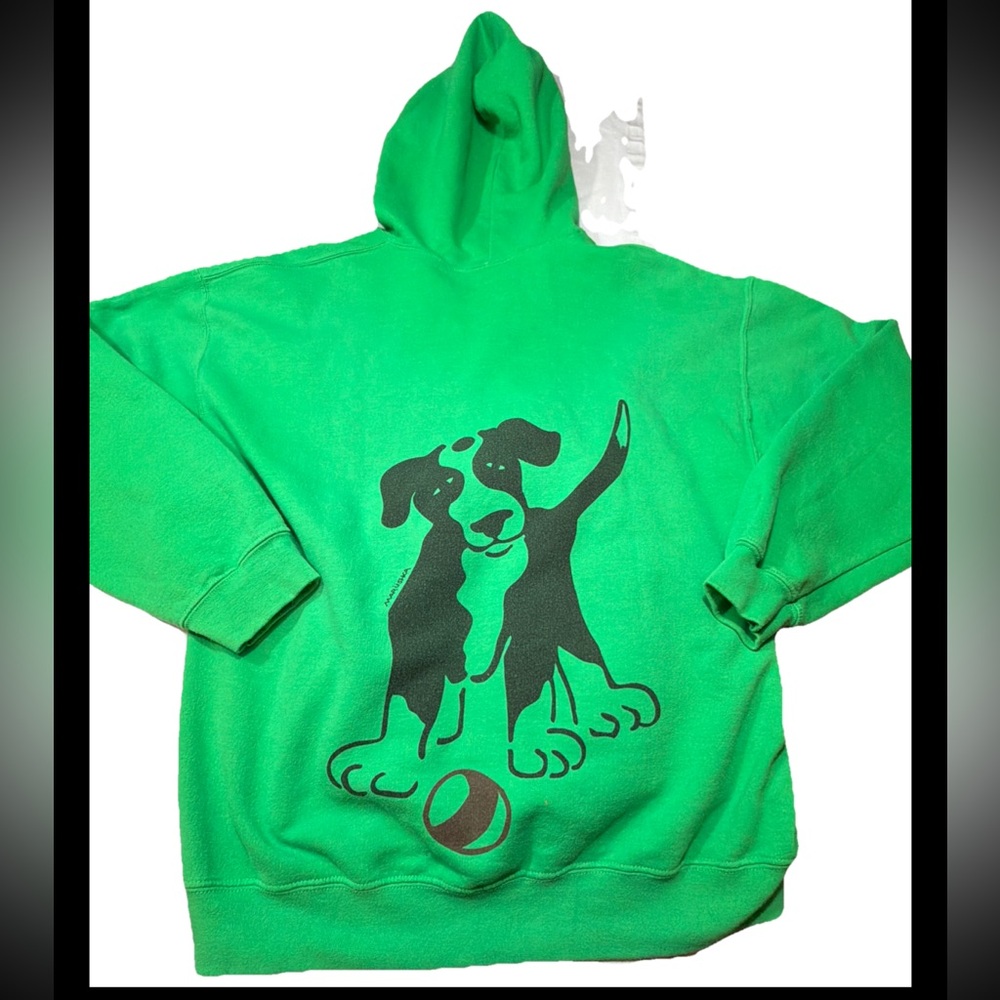 Marushka GREEN ZIP Front L Hoodie Sweatshirt Jacket Large DOG Ball PRINT Unisex